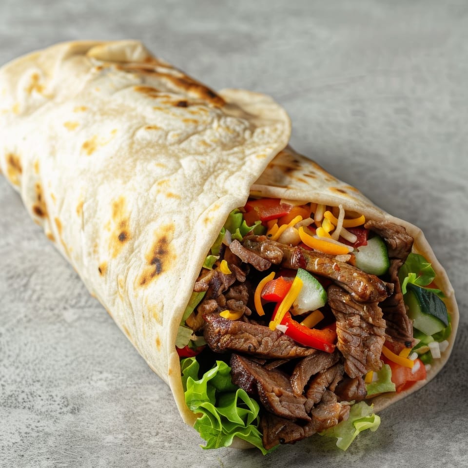 A beef kebab wrap, filled with meat, lettuce, tomatoes, cucumbers, and bell peppers.
