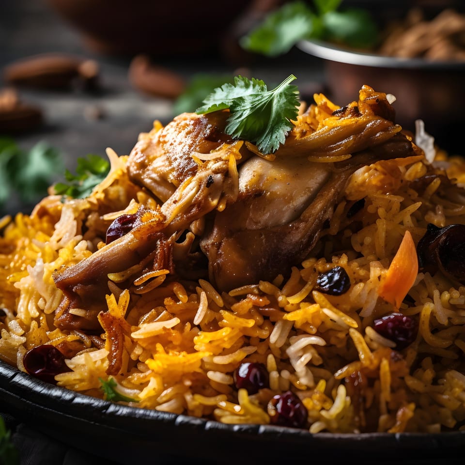 Close-up of Aziz Hot Chicken & Kebab's chicken biryani, garnished with fresh cilantro.
