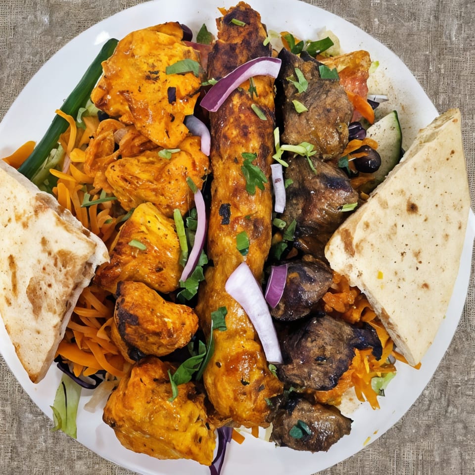 Aziz Hot Chicken & Kebab's platter with chicken tikka, seekh kebab, beef, salad, and pita bread.