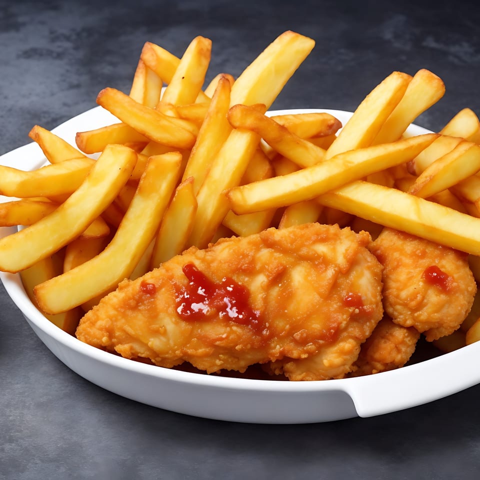 Crispy golden fries and chicken tenders drizzled with red sauce in a white bowl.